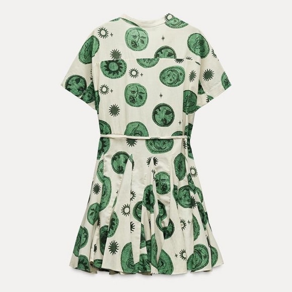 Zara Printed Short Dress ZW Collection NWOT M Green and Ecru 2183/012 - Picture 2 of 3